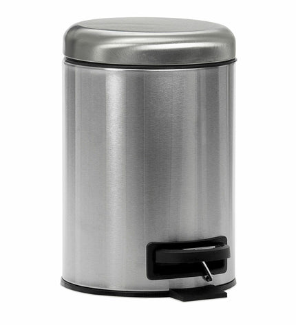 Silver Andrea House metal pedal bin with 3-liter capacity, round shape, and compact size for kitchen or home organization.