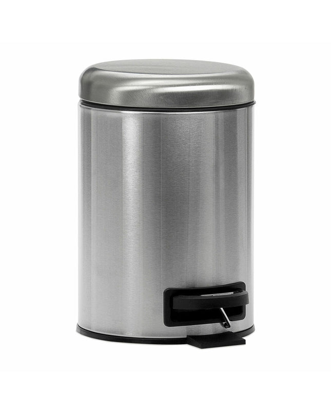 Silver Andrea House metal pedal bin with 3-liter capacity, round shape, and compact size for kitchen or home organization.