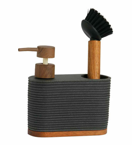 Black 2-in-1 soap dispenser for kitchen countertop by Andrea House, featuring acacia wood accents and modern design.