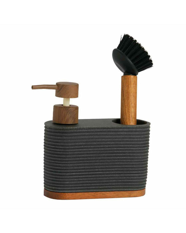 Black 2-in-1 soap dispenser for kitchen countertop by Andrea House, featuring acacia wood accents and modern design.
