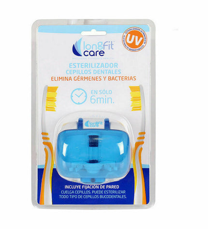 LongFit Care UV sterilizer for toothbrushes, 15x23x6 cm, shown with two sterilizer units in a bathroom setting.