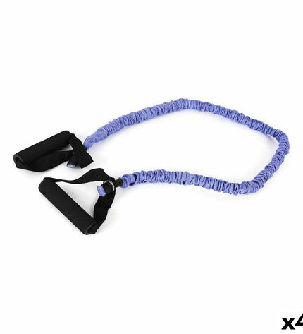 Set of four blue LongFit Sport resistance bands for fitness and outdoor exercise, elastic workout equipment.