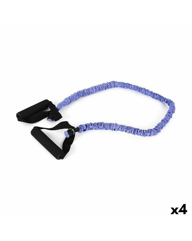 Set of four blue LongFit Sport resistance bands for fitness and outdoor exercise, elastic workout equipment.