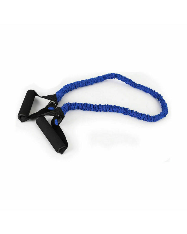 Blue LongFit Sport resistance bands, set of four, flexible elastic workout bands for fitness and outdoor training.