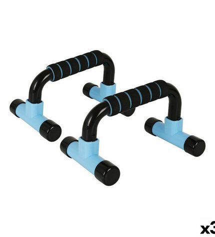 LongFit Sport push-up stand set in blue and black, three sturdy fitness equipment stands for bodyweight exercises.
