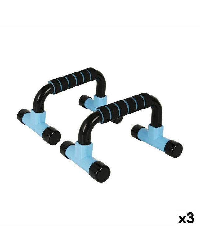 LongFit Sport push-up stand set in blue and black, three sturdy fitness equipment stands for bodyweight exercises.