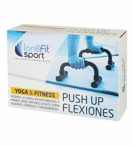 Set of three LongFit Sport blue and black push-up stands for fitness and outdoor workouts, shown stacked on a gym floor.