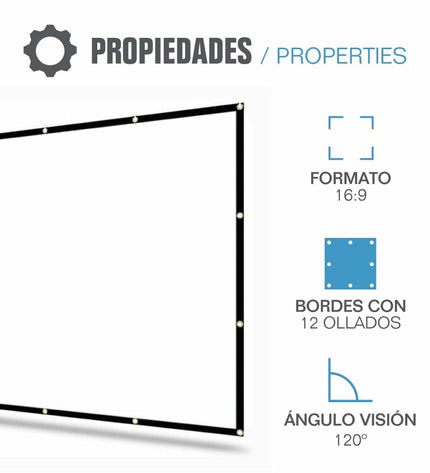 iggual ECO COST 100 100-inch projection screen in a home theater setup, with a smooth, white fabric surface and sturdy black frame.