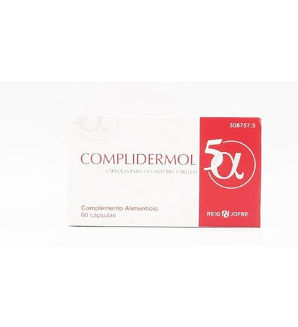 Complidermol supplement box with label showing vitamins and minerals, placed on a neutral background.