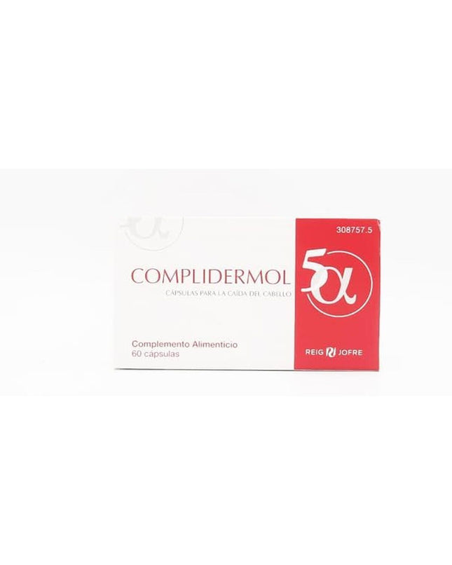 Complidermol supplement box with label showing vitamins and minerals, placed on a neutral background.