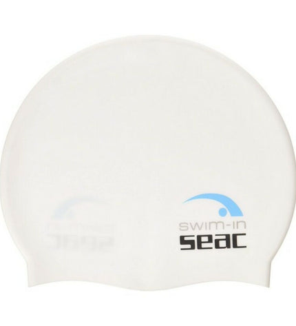 White swim cap by Softee for water sports, made of soft material, designed for comfort and durability during swimming activities.