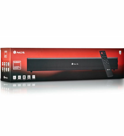 Wireless NGS SUBWAY soundbar in black, compact audio device with sleek design for enhanced home sound systems.