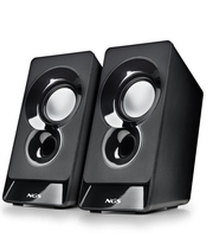 NGS SB210 speakers in black with compact design, featuring speaker grilles and control knobs for high-quality audio.