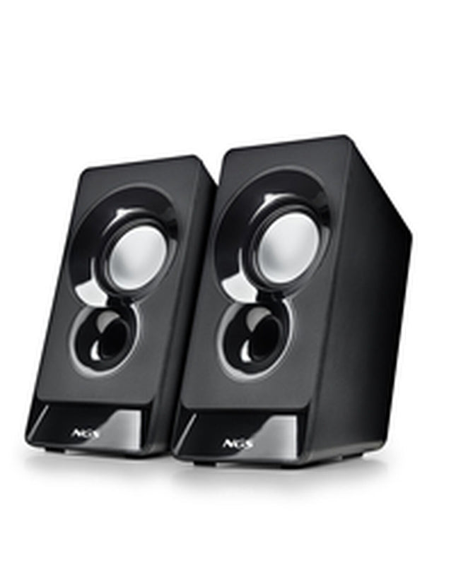 NGS SB210 speakers in black with compact design, featuring speaker grilles and control knobs for high-quality audio.