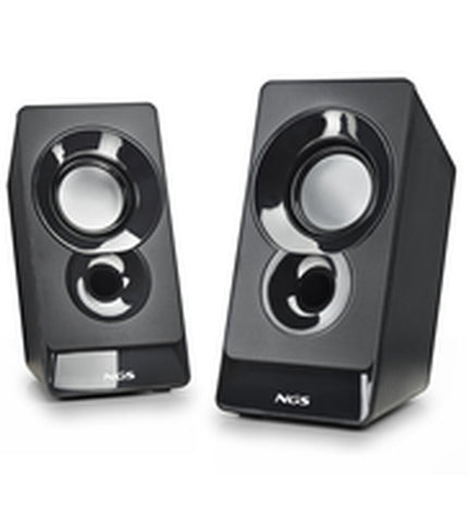 NGS SB210 speakers for audio and hi-fi, featuring black rectangular design with control knobs and connection ports.
