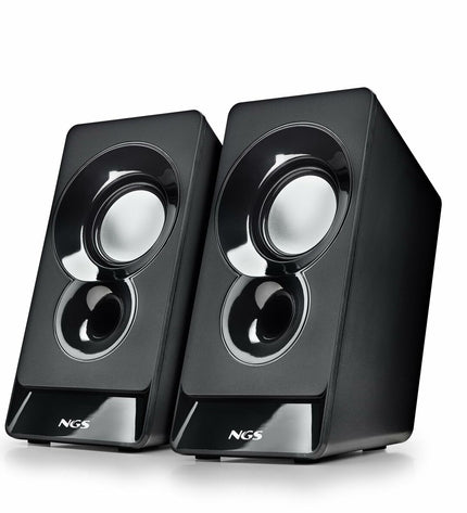 NGS SB210 speakers showing black rectangular design with speaker grille and control knobs for high-quality audio output.