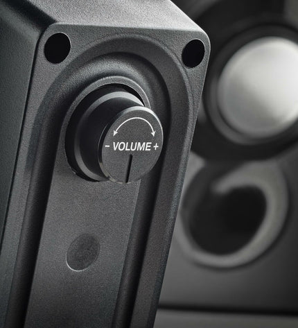 NGS SB210 electronic speakers with black finish showing front view and detailed speaker grille design.