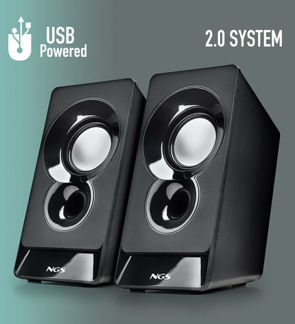 NGS SB210 speakers in black with modern design, compact audio and hi-fi equipment for home or studio use.