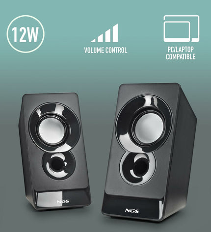NGS SB210 speakers showing black rectangular design with speaker grilles and control knobs, part of audio and hi-fi equipment.