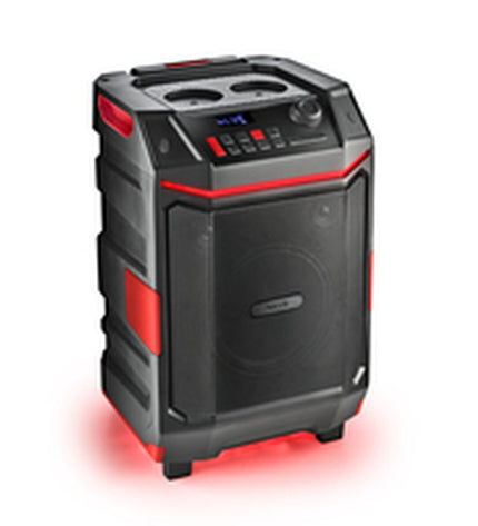 Portable NGS WILDBASH Bluetooth speaker with compact design, black exterior, and control buttons on top for easy audio playback.
