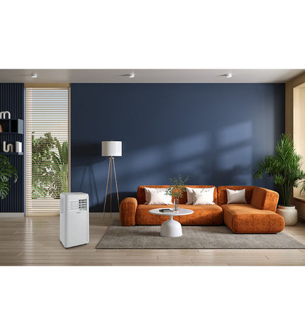 Portable Kawair air conditioner unit, 3500W for home cooling, shown with vents and control panel in a modern living space.