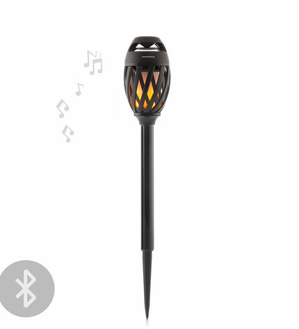 InnovaGoods draadloze speakerphone with LED-vlameffect, outdoor garden decor, portable wireless speaker with colorful flame lighting.