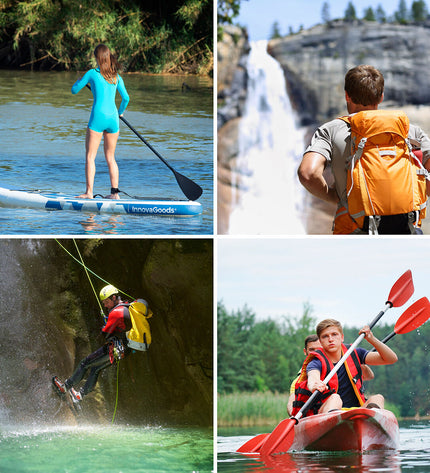 InnovaGoods waterproof waist pouch with adjustable strap, ideal for outdoor activities like camping and hiking, shown in black.