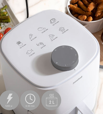 InnovaGoods Fryinn Lite white air fryer with 1200W power and 2-liter capacity, compact kitchen electric appliance.