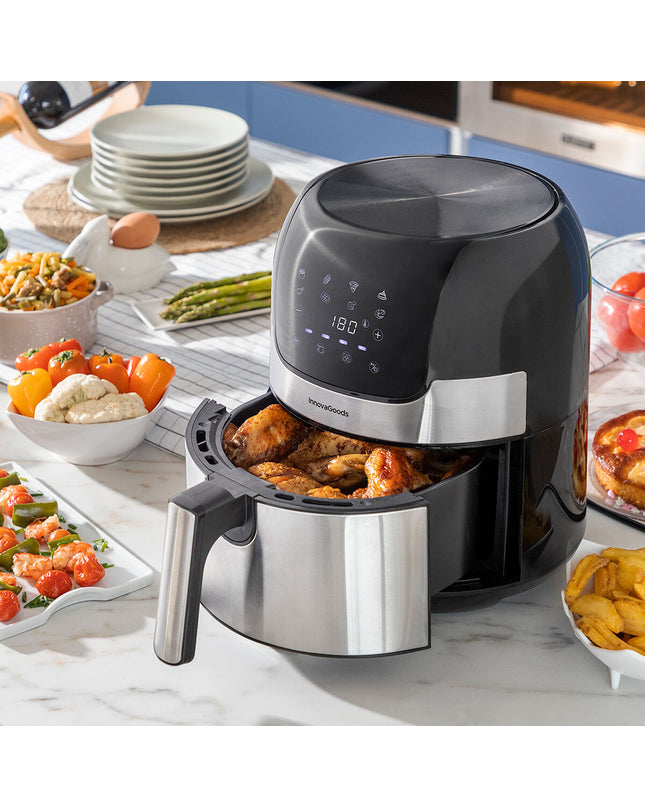 InnovaGoods Fryinn black air fryer with 3.5L capacity and 1400W power, featuring a sleek stainless steel design.