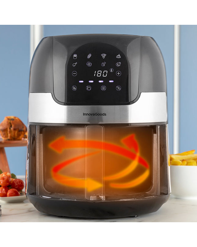 InnovaGoods Fryinn black air fryer with 3.5L capacity, stainless steel exterior, 1400W, compact kitchen appliance for healthy cooking.