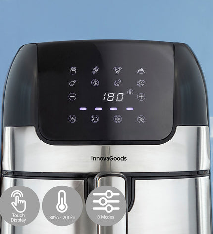 InnovaGoods Fryinn black air fryer with 3.5L capacity, 1400W power, stainless steel exterior, compact kitchen appliance.