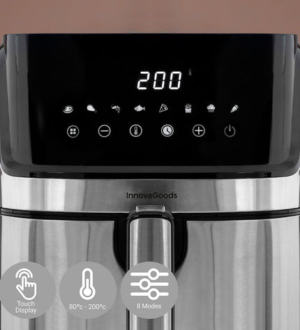 InnovaGoods Fryinn Pro 5500 black air fryer with stainless steel exterior, 5.5L capacity and 1700W power, kitchen appliance.