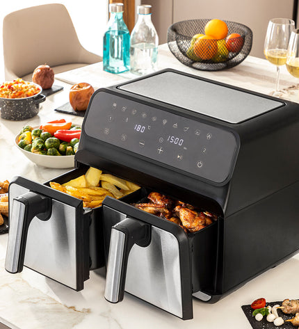 InnovaGoods Fryinn Double 8000 black air fryer with 8L capacity and stainless steel exterior, kitchen appliance for healthy frying