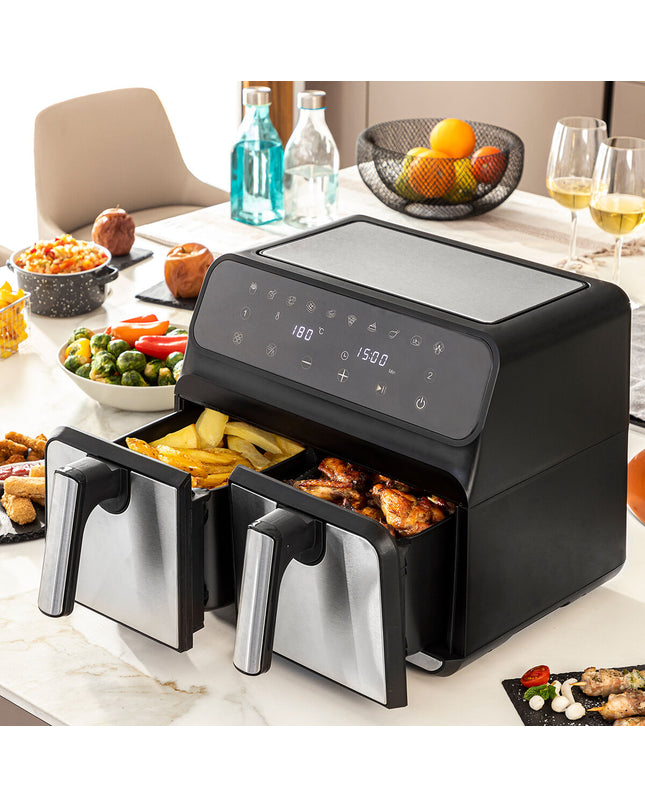 InnovaGoods Fryinn Double 8000 black air fryer with 8L capacity and stainless steel exterior, kitchen appliance for healthy frying