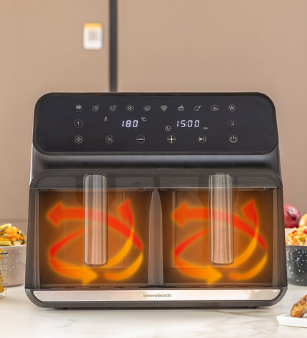 InnovaGoods Fryinn Double 8000 black air fryer with 8L capacity and stainless steel finish, compact electric kitchen appliance.