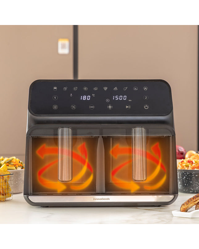 InnovaGoods Fryinn Double 8000 black air fryer with 8L capacity and stainless steel finish, compact electric kitchen appliance.