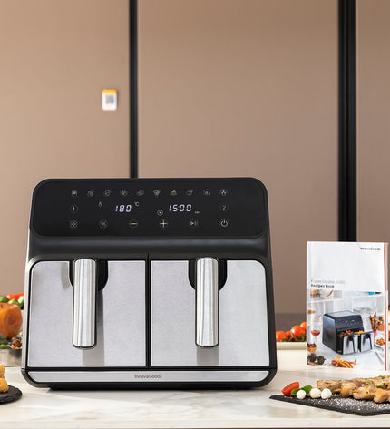 InnovaGoods Fryinn Double 8000 black air fryer with 8L capacity, stainless steel exterior, 3400W compact kitchen appliance