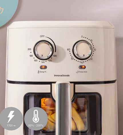 InnovaGoods Vynner Pro 6500 crème air fryer with 6.5L capacity, stainless steel body, 1700W for home cooking.