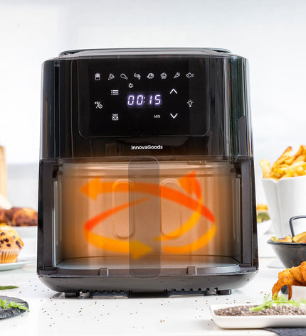 InnovaGoods Fryinn Balance 5000 black air fryer with stainless steel basket, 1500W, 5L capacity, compact kitchen appliance.