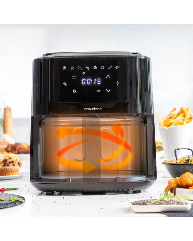InnovaGoods Fryinn Balance 5000 black air fryer with stainless steel basket, 1500W, 5L capacity, compact kitchen appliance.