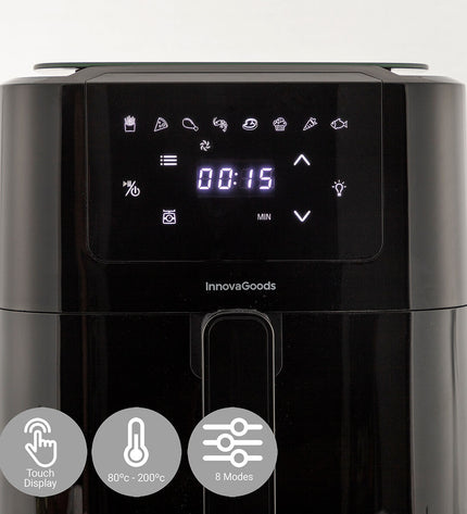 InnovaGoods Fryinn Balance 5000 air fryer with black finish, 1500W, 5L capacity, stainless steel basket for home cooking.