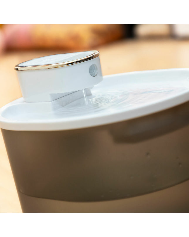 InnovaGoods rechargeable cat water fountain with sensor, showing transparent water basin and sleek design for pet hydration.
