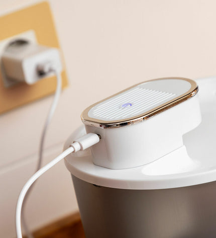 InnovaGoods rechargeable cat water fountain with sensor, featuring a sleek design and transparent water basin for easy monitoring.
