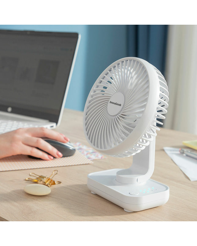 InnovaGoods rechargeable desk fan with 5.4-inch blade, 3600mAh battery, portable air conditioning for home and kitchen use.