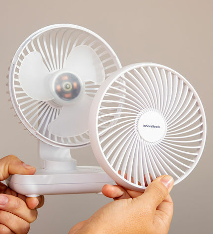 InnovaGoods rechargeable desk fan with 5.4-inch blade, 3600mAh battery, portable air conditioning for home or office use.