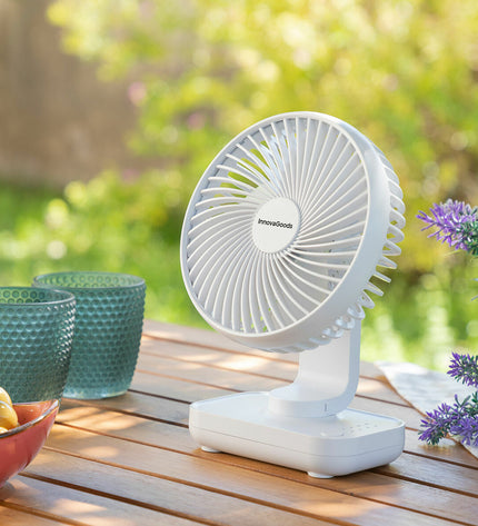 InnovaGoods rechargeable desk fan with 5.4-inch blade, 3600mAh battery, portable air conditioning for home and office use.