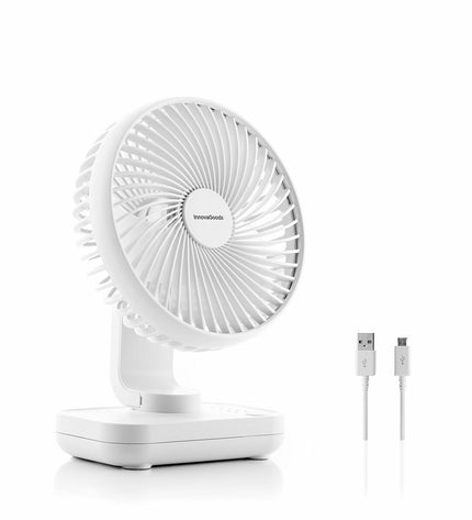 InnovaGoods rechargeable desk fan with 5.4-inch blade, 3600mAh battery, compact portable air cooler for home and kitchen use.