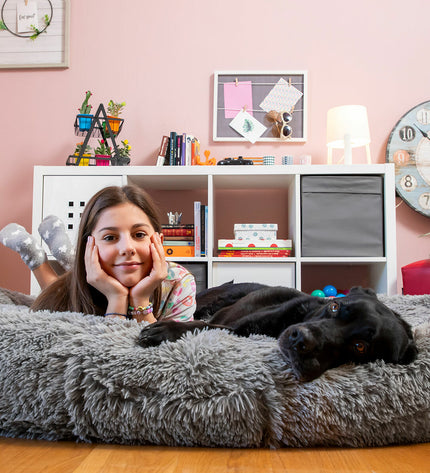 Large grey human dog bed by InnovaGoods, cozy and plush with soft fabric, designed for comfort and relaxation.