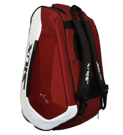 Siux Diablo Rood paddle tennis racket bag, sport and outdoor gear with red design, featuring multiple compartments and adjustable straps.