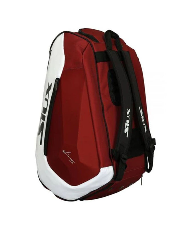 Siux Diablo Rood paddle tennis racket bag, sport and outdoor gear with red design, featuring multiple compartments and adjustable straps.